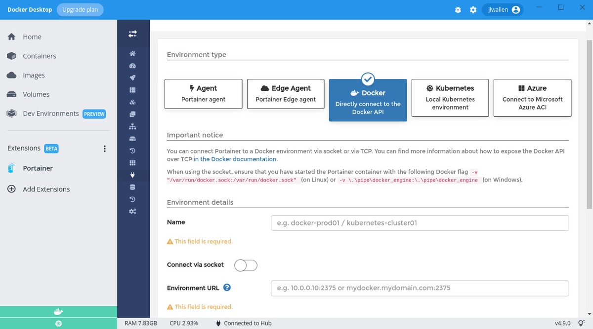 Final view of Docker Desktop with Portainer GUI installed.