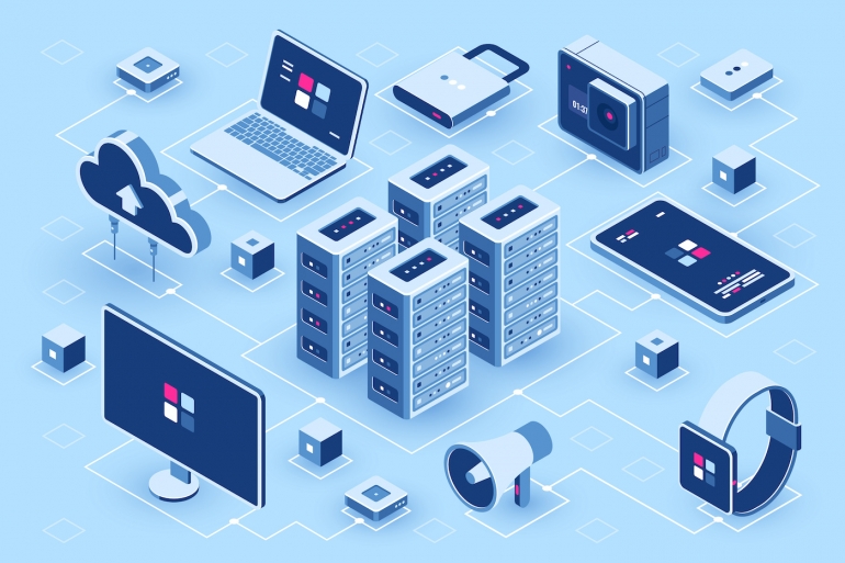 Computer technology isometric icon, server room, digital device set, element for design, pc laptop, mobile phone with smartwatch, cloud storage, flat vector