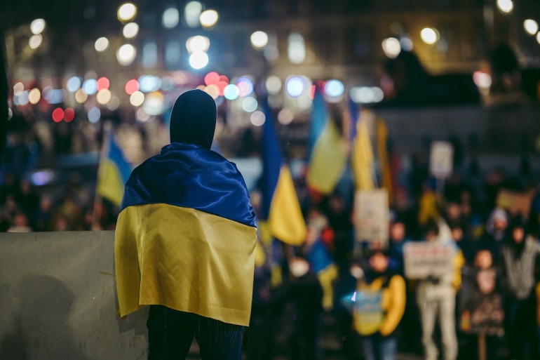 Ukrainian people protest, thousands gather to demand tougher sanctions on Russia from British Government, EU and USA to stop the war in Ukraine