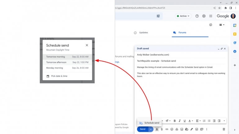 Select the triangle to the right of the email Send button, then choose Schedule send and choose a future date and time to send your email.