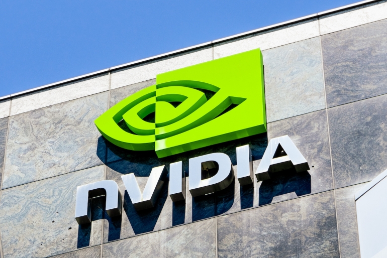 August 9, 2019 Santa Clara / CA / USA - The NVIDIA logo and symbol displayed on the facade of one of their office buildings located in the Company's campus in Silicon Valley