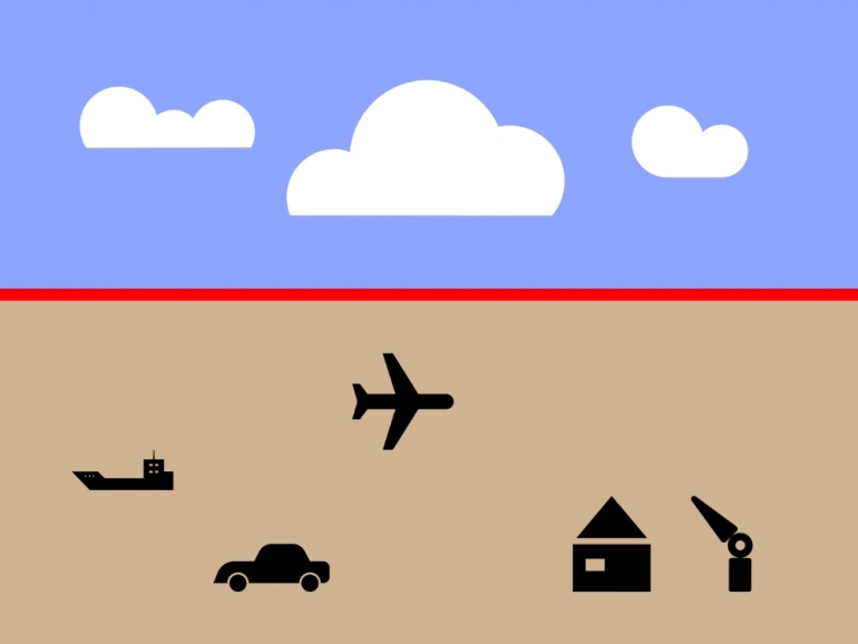 illustrations of some clouds above a boat, car, airplane, and home illustrations