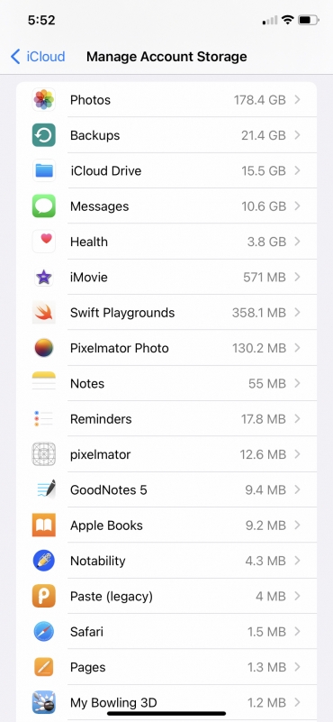 iPhone manage account storage.