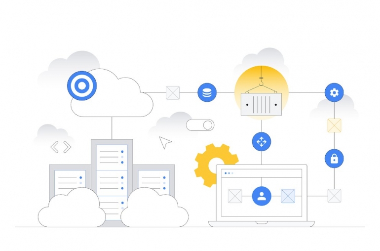 a line connecting a building to the cloud to a server to a computer