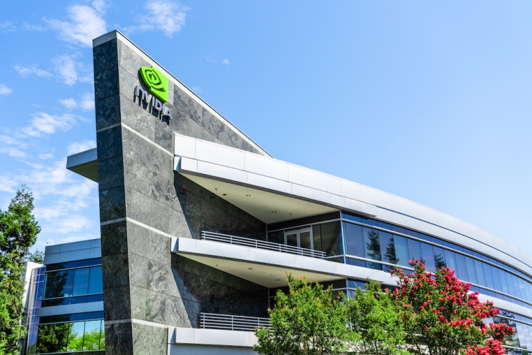 August 9, 2019 Santa Clara / CA / USA - One of the Nvidia office buildings located in the Company's campus in Silicon Valley; the NVIDIA logo and symbol displayed on the facade