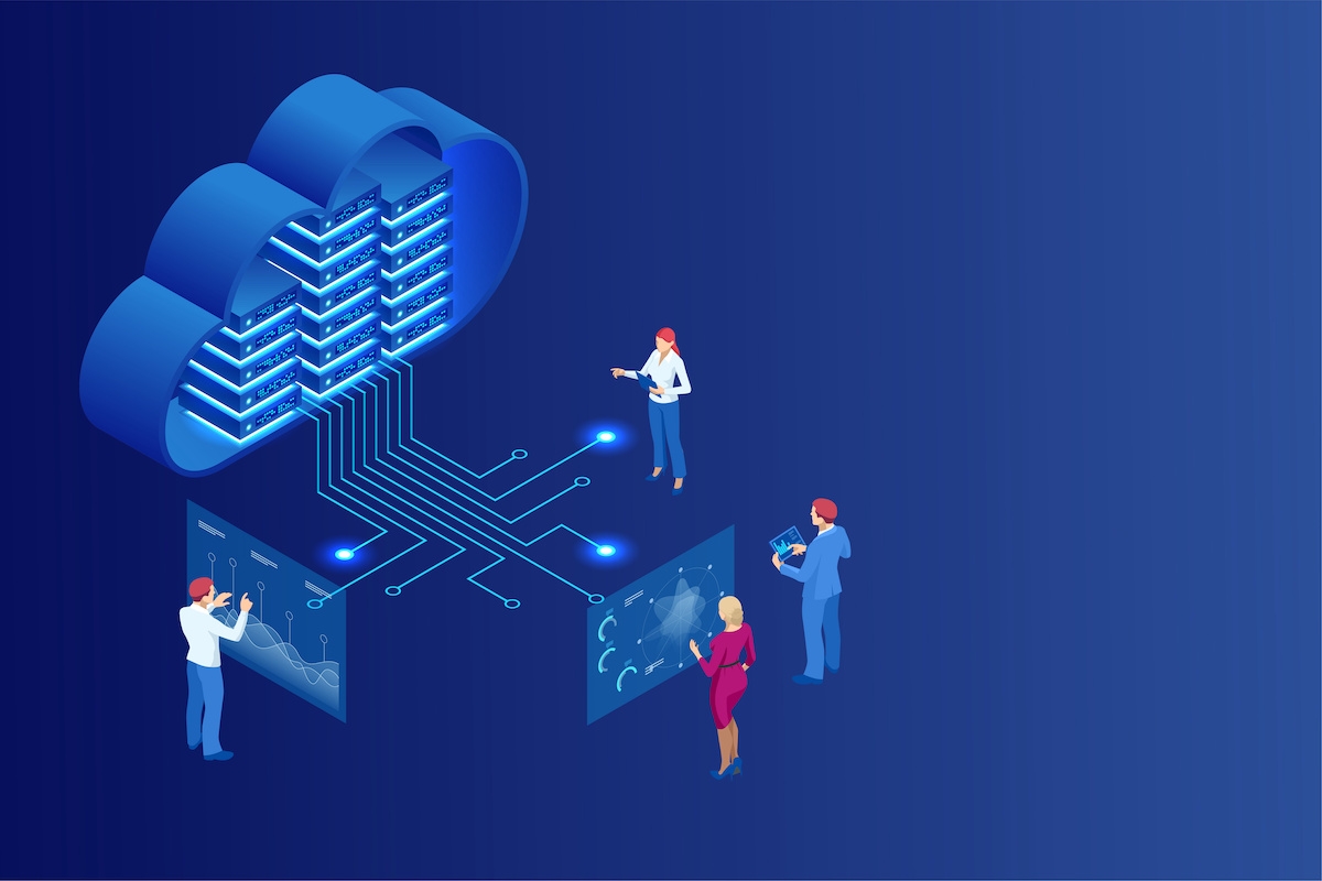 Isometric cloud computing concept represented by a server, with a cloud representation hologram concept. Data center cloud, computer connection, hosting server, database synchronize technology