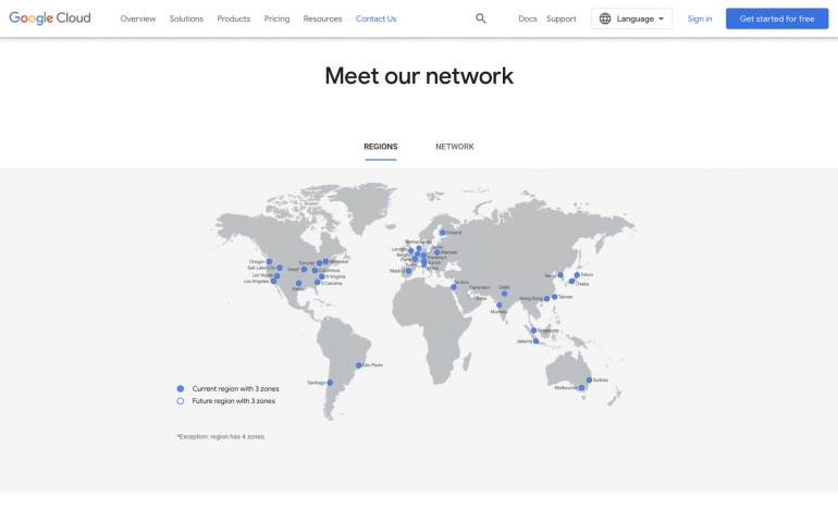 Google Cloud indicates availability in 35 regions and 106 zones as of October 2022.