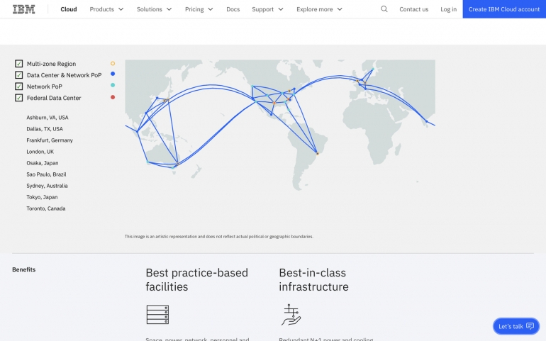 IBM Cloud indicates availability in nine regions and 27 zones as of October 2022.