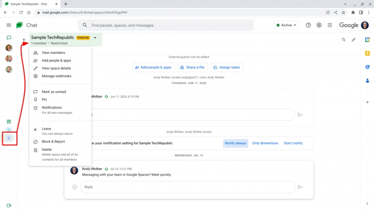 Google Chat spaces can support chat, file collaboration and shared tasks among internal teams as well with people outside of the organization, if your administrator allows it.