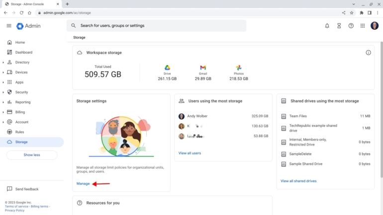 The storage section in the Admin console highlights total storage used. Additionally, the system shows both users and shared drives that use the most storage.