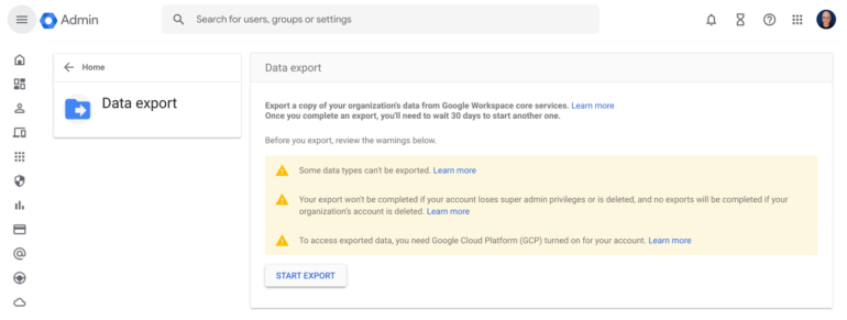 To export your organization’s Workspace data, a super administrator may go to the Data export page in the Admin Console.