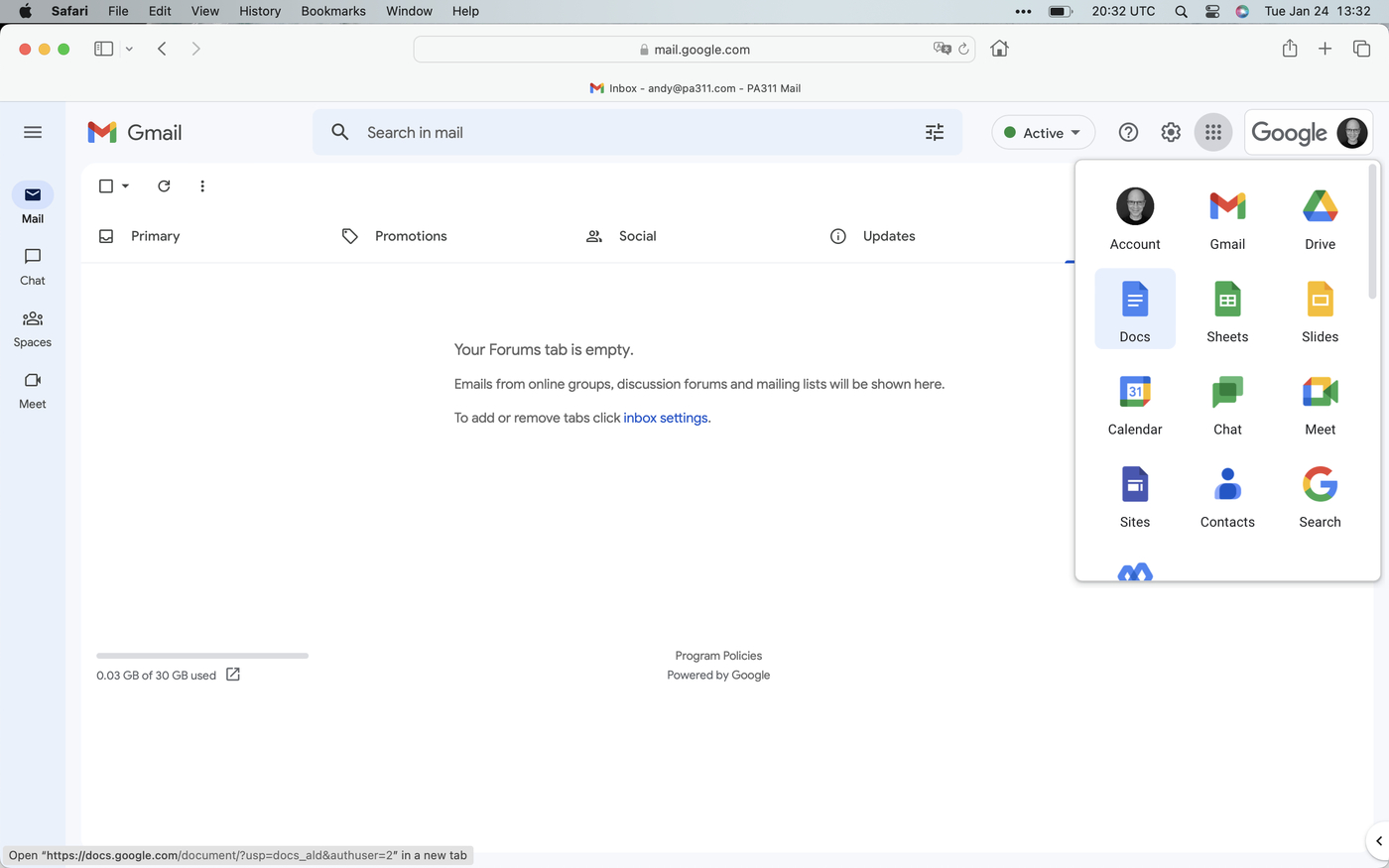 Google Applications menu open in Safari