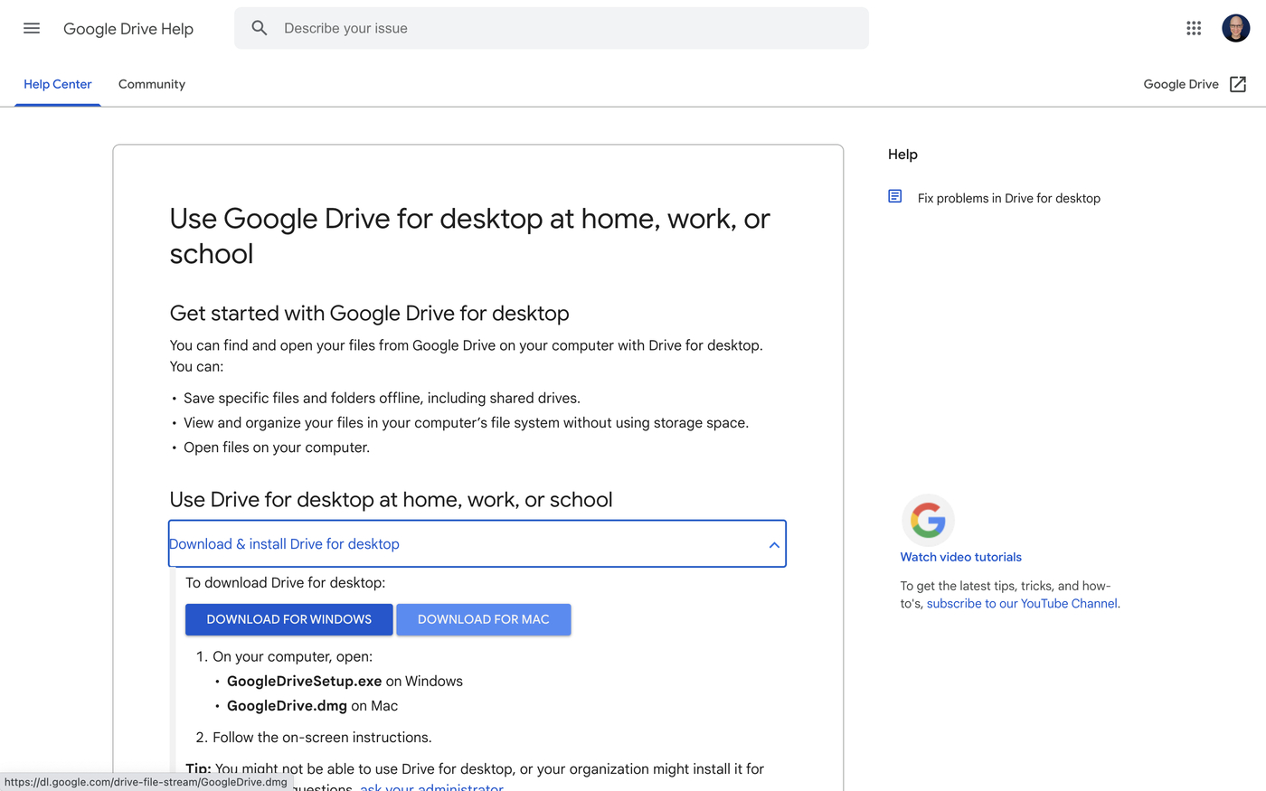 Google Drive Help page with instructions for using Google Drive for desktop