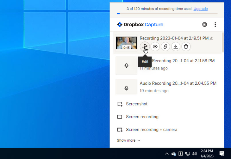 Dropbox Capture saves all of your recordings, which you can view, edit or share at any time.