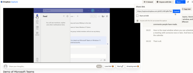 Dropbox Capture video recordings can be shared as a webpage link or MP4 file.