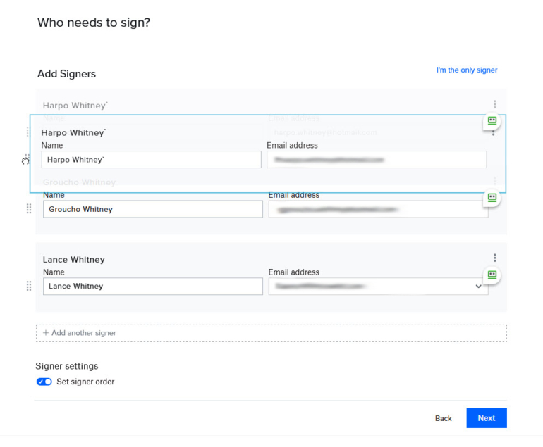 Drag and drop the names of the different signers to set the order. 