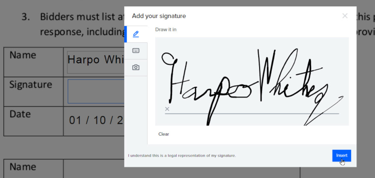 Each signer then signs the document in the appropriate field by drawing their signature, typing one using the keyboard or adding one from an image.