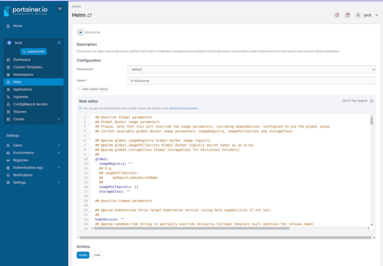 Editing the Discourse Helm chart in Portainer.