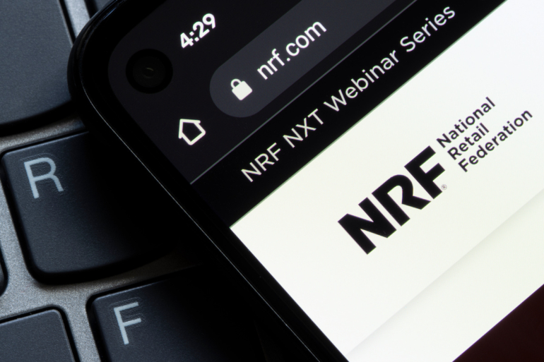 Closeup of the homepage of the National Retail Federation (NRF) website on a smartphone. National Retail Federation is the world's largest retail trade association.