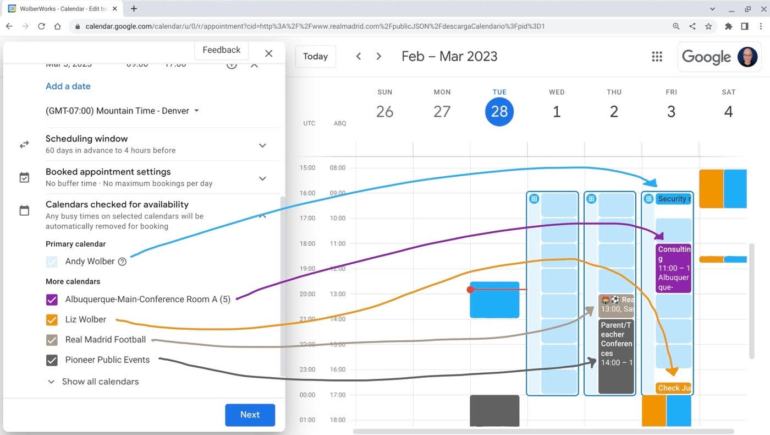 This screenshot of Google Calendar illustrates how various calendars can be added and checked against for appointment scheduling availability.