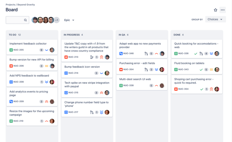 Jira kanban board tracking project progress.