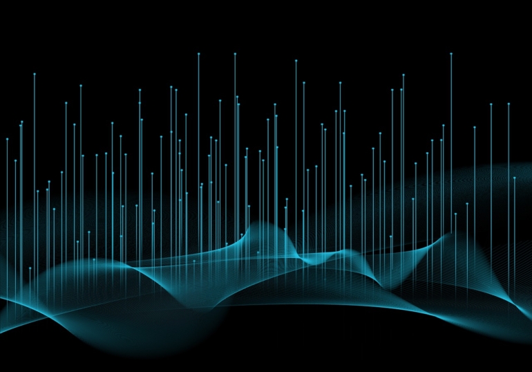 A black background with blue lines and dots coming out of a blue netting.