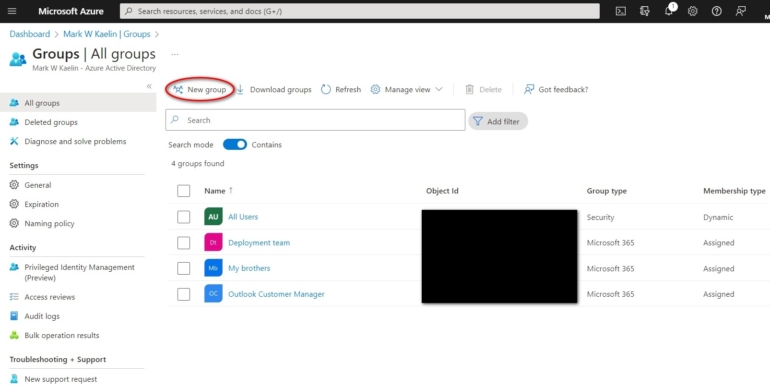 Screenshot demonstrating how to create a new group in Azure Active Directory