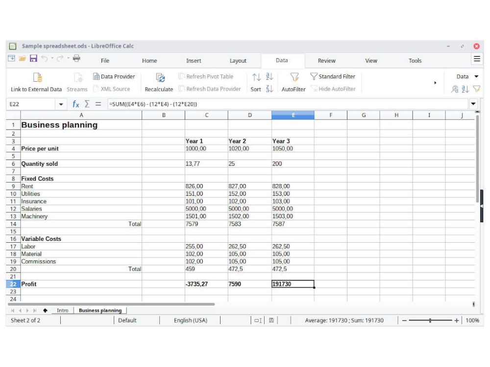 Spreadsheet in LibreOffice Calc filled out with various data points