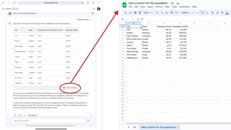 Bard can help you quickly obtain all sorts of comparisons and lists. When Bard provides a response in a table, select Export To Sheets to create a new Google Sheet with the table contents.