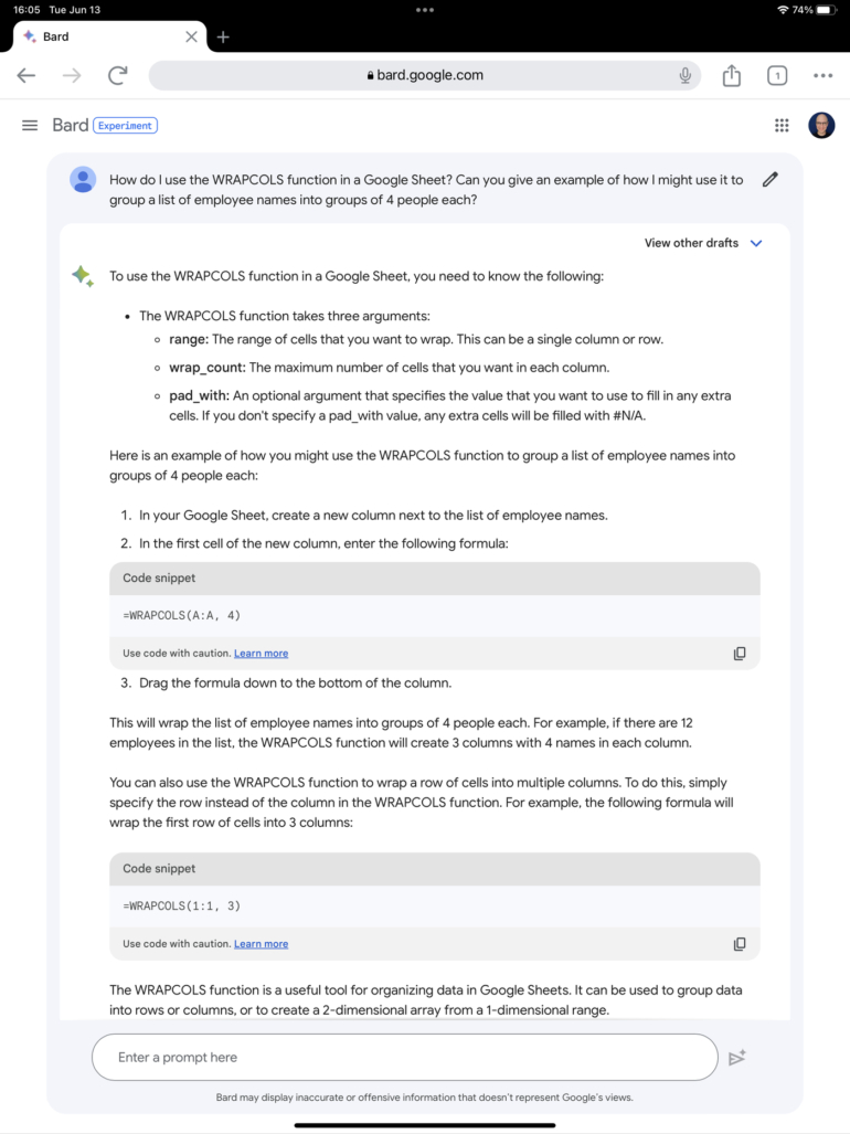 Not only can Bard explain Google Sheets functions, but it can also offer examples of how the function might be used.