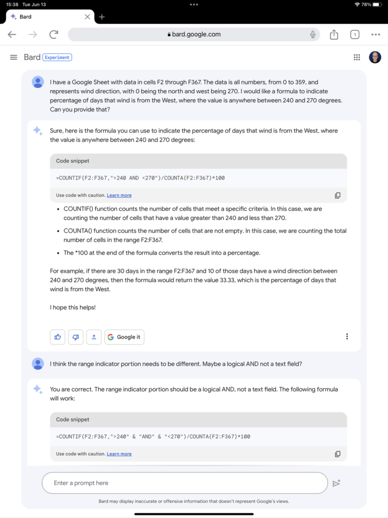 With a sufficiently detailed prompt, Bard can respond with a detailed code snippet that contains a Google Sheets function. While not necessarily always accurate, this snippet can often serve as the basis for the precise formula you want.