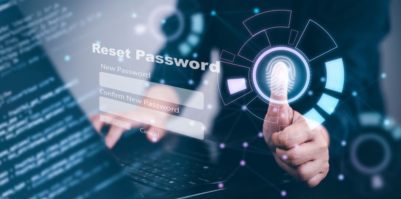 Businessman touch fingers to scan reset password login online concept, cyber security and entering username and password of social media, log in smartphone online bank account, data protection hacker.