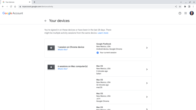 Review a list of devices to which you've signed in with your Google account.