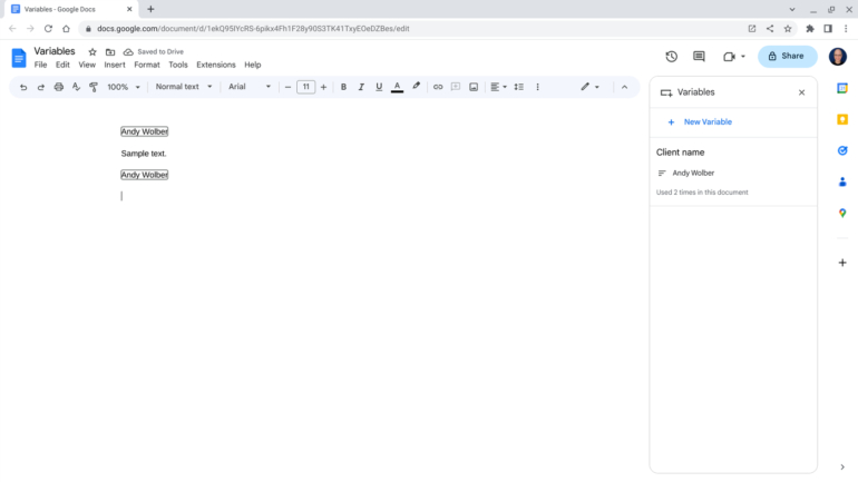 The Variables side panel displays the number of times each inserted variable is used in your Google Doc. For example, Client name is Used 2 Times In This Document as shown here.