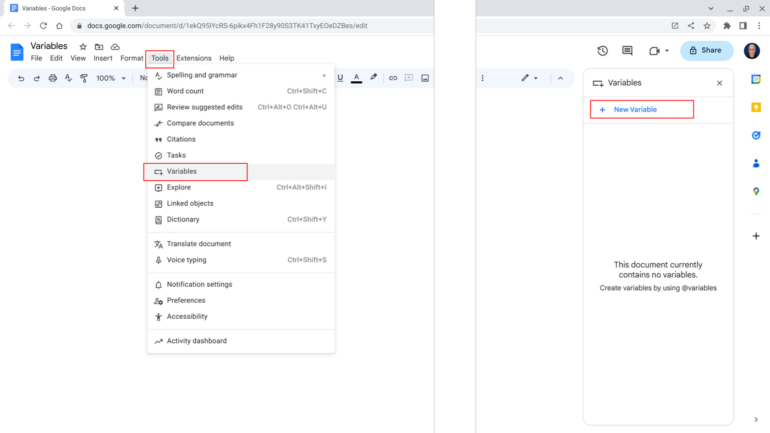 Use Tools | Variables to display the Variables side panel, from which you may select + New Variable.