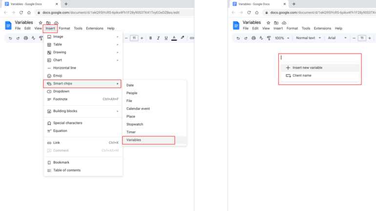 Navigate by menu items (left), Insert | Smart Chips | Variables, or alternatively, type the @ key and navigate to Variables and then select +Insert New Variable (right).