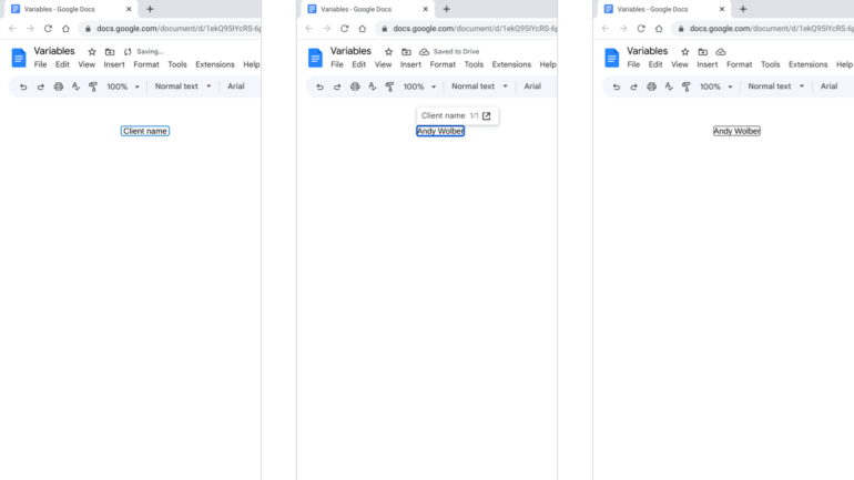 When first added, the variable name fills the field (left); once you edit it (middle), the surrounding line color changes, and the field displays the variable value.